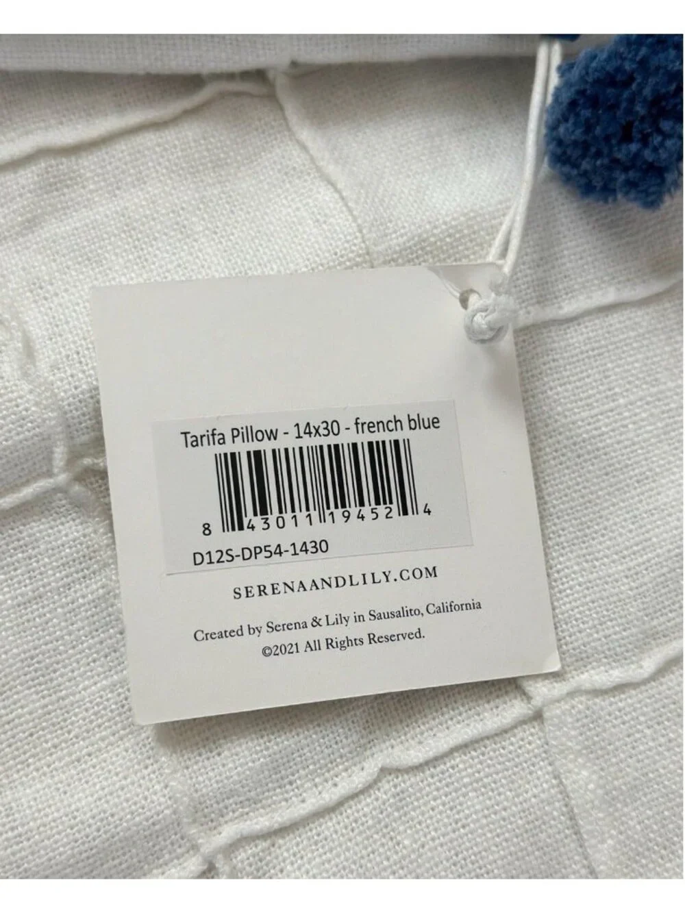 NEW Serena & Lily Tarifa Tassel Pillow Cover (14”x30”)-French Blue/White